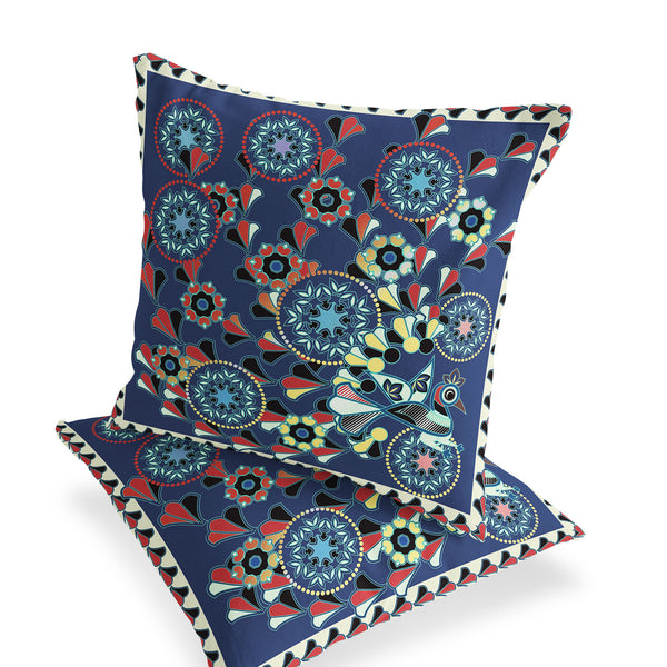 Homeroots Set Of Two 16" X 16" Blue And Off White Peacock Blown Seam Floral Indoor Outdoor Throw Pillow  Polyester 535649