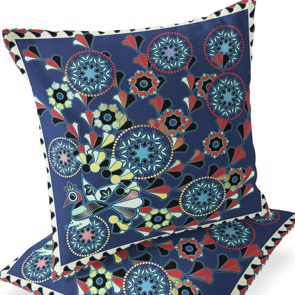 Homeroots Set Of Two 16" X 16" Blue And Off White Peacock Blown Seam Floral Indoor Outdoor Throw Pillow  Polyester 535649
