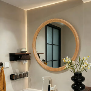 English Elm Natural Oak Round Wall Mirror Solid Wood Frame Minimalist Accent for Any Room W2295P414107