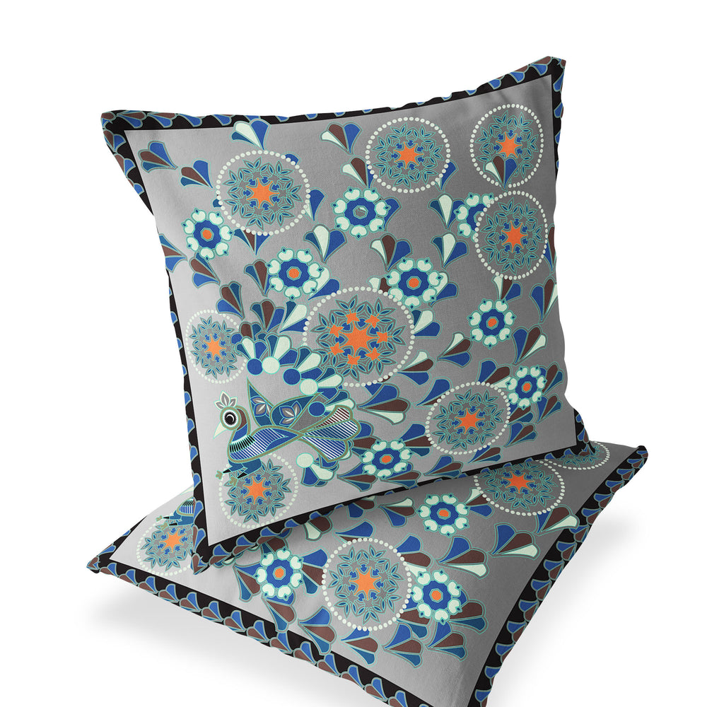 Homeroots Set Of Two 16" X 16" Gray And Orange Peacock Blown Seam Floral Indoor Outdoor Throw Pillow  Polyester 535650