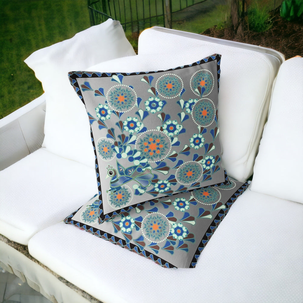 Homeroots Set Of Two 16" X 16" Gray And Orange Peacock Blown Seam Floral Indoor Outdoor Throw Pillow  Polyester 535650