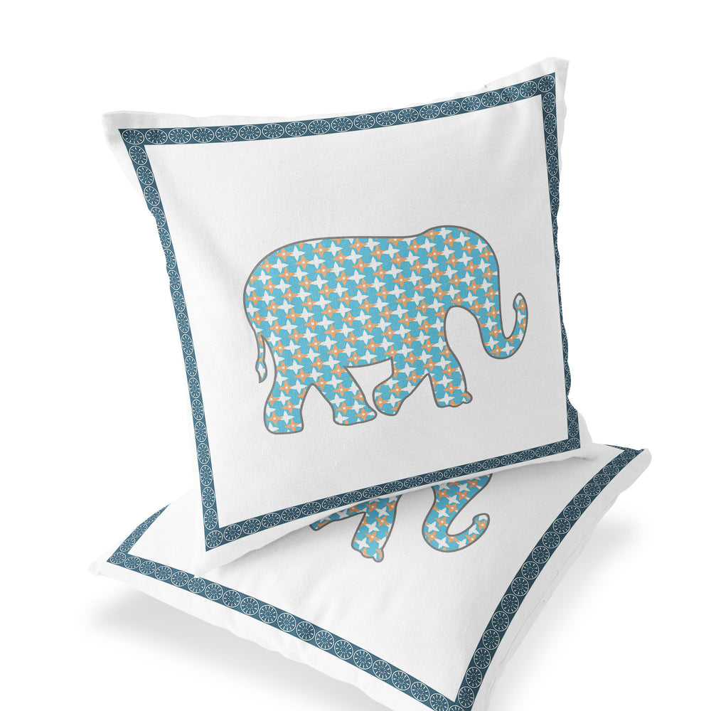 Homeroots Set Of Two 16" X 16" Blue And White Elephant Blown Seam Animal Print Indoor Outdoor Throw Pillow  Polyester 535652