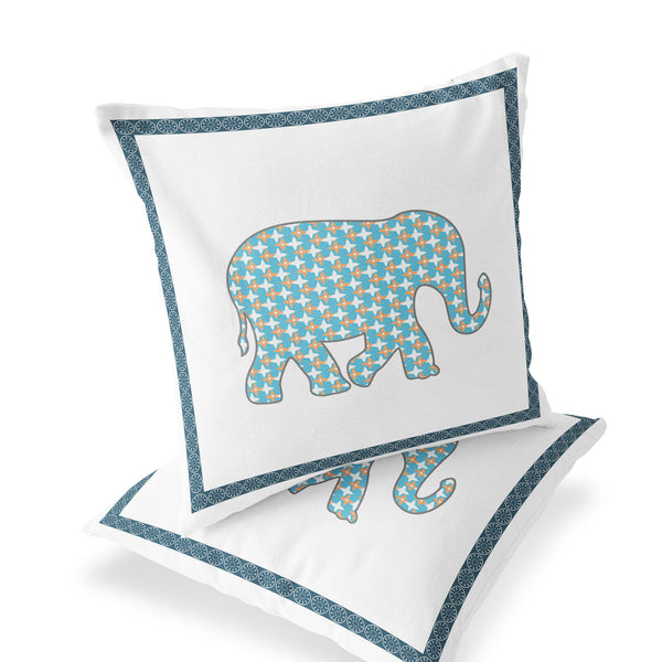 Homeroots Set Of Two 16" X 16" Blue And White Elephant Blown Seam Animal Print Indoor Outdoor Throw Pillow  Polyester 535652