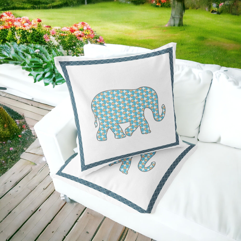 Homeroots Set Of Two 16" X 16" Blue And White Elephant Blown Seam Animal Print Indoor Outdoor Throw Pillow  Polyester 535652