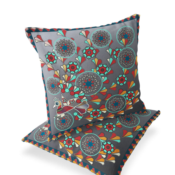 Homeroots Set Of Two 16" X 16" Gray And Yellow Peacock Blown Seam Floral Indoor Outdoor Throw Pillow  Polyester 535653