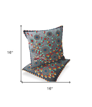 Homeroots Set Of Two 16" X 16" Gray And Yellow Peacock Blown Seam Floral Indoor Outdoor Throw Pillow  Polyester 535653