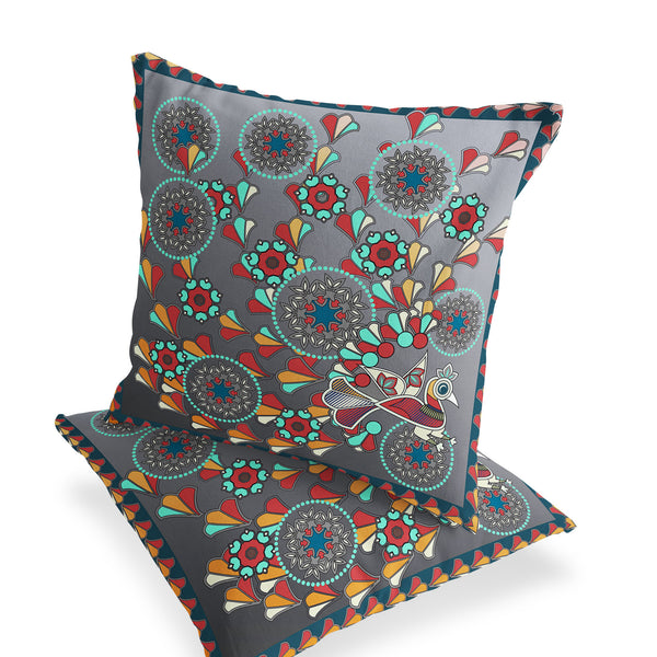 Homeroots Set Of Two 16" X 16" Gray And Yellow Peacock Blown Seam Floral Indoor Outdoor Throw Pillow  Polyester 535653
