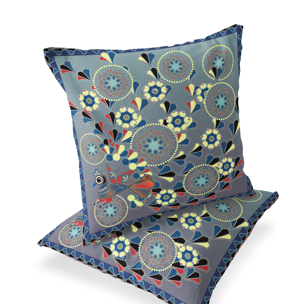 Homeroots Set Of Two 16" X 16" Gray And Blue Peacock Blown Seam Floral Indoor Outdoor Throw Pillow  Polyester 535654