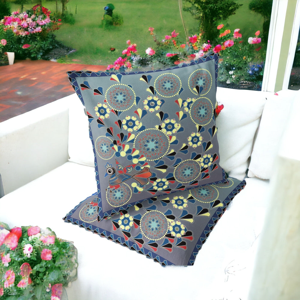 Homeroots Set Of Two 16" X 16" Gray And Blue Peacock Blown Seam Floral Indoor Outdoor Throw Pillow  Polyester 535654