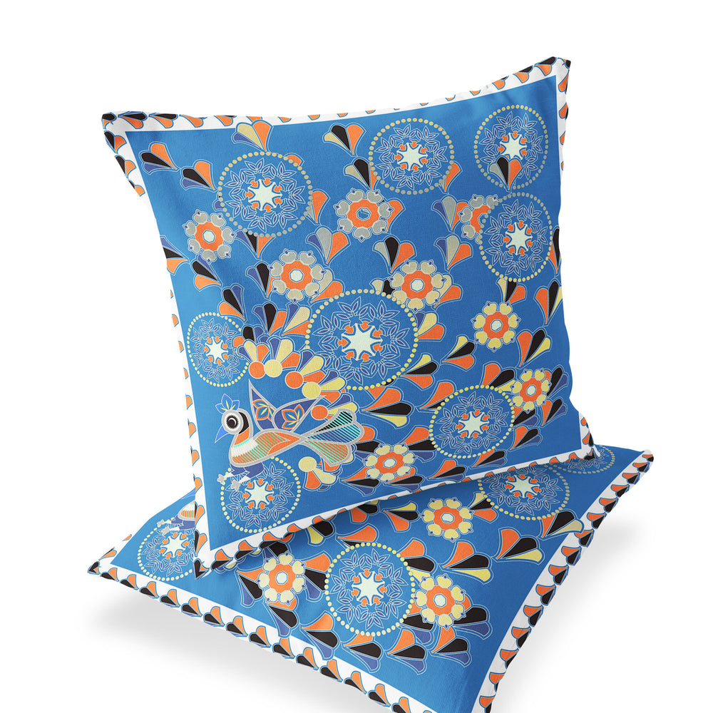 Homeroots Set Of Two 16" X 16" Blue And Orange Peacock Blown Seam Floral Indoor Outdoor Throw Pillow  Polyester 535656