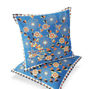 Homeroots Set Of Two 16" X 16" Blue And Orange Peacock Blown Seam Floral Indoor Outdoor Throw Pillow  Polyester 535656