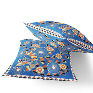 Homeroots Set Of Two 16" X 16" Blue And Orange Peacock Blown Seam Floral Indoor Outdoor Throw Pillow  Polyester 535656