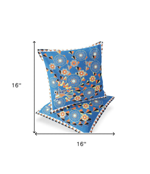 Homeroots Set Of Two 16" X 16" Blue And Orange Peacock Blown Seam Floral Indoor Outdoor Throw Pillow  Polyester 535656