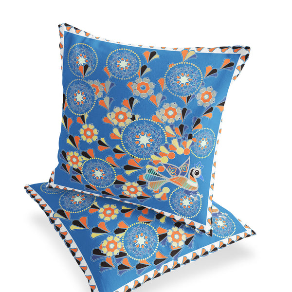 Homeroots Set Of Two 16" X 16" Blue And Orange Peacock Blown Seam Floral Indoor Outdoor Throw Pillow  Polyester 535656