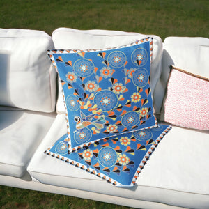 Homeroots Set Of Two 16" X 16" Blue And Orange Peacock Blown Seam Floral Indoor Outdoor Throw Pillow  Polyester 535656