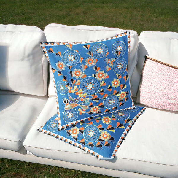 Homeroots Set Of Two 16" X 16" Blue And Orange Peacock Blown Seam Floral Indoor Outdoor Throw Pillow  Polyester 535656
