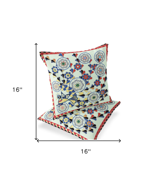 Homeroots Set Of Two 16" X 16" Green And Red Peacock Blown Seam Floral Indoor Outdoor Throw Pillow  Polyester 535658