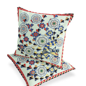 Homeroots Set Of Two 16" X 16" Green And Red Peacock Blown Seam Floral Indoor Outdoor Throw Pillow  Polyester 535658