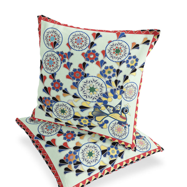 Homeroots Set Of Two 16" X 16" Green And Red Peacock Blown Seam Floral Indoor Outdoor Throw Pillow  Polyester 535658