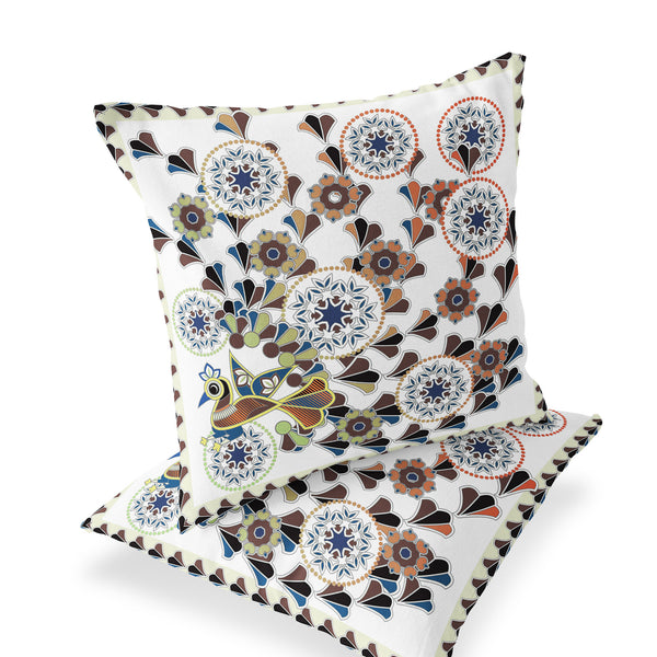 Homeroots Set Of Two 16" X 16" Blue And Off White Peacock Blown Seam Floral Indoor Outdoor Throw Pillow  Polyester 535661