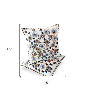 Homeroots Set Of Two 16" X 16" Blue And Off White Peacock Blown Seam Floral Indoor Outdoor Throw Pillow  Polyester 535661