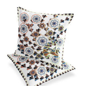 Homeroots Set Of Two 16" X 16" Blue And Off White Peacock Blown Seam Floral Indoor Outdoor Throw Pillow  Polyester 535661