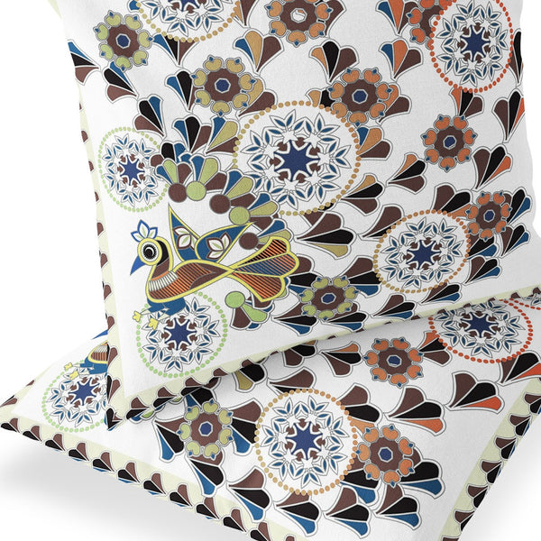Homeroots Set Of Two 16" X 16" Blue And Off White Peacock Blown Seam Floral Indoor Outdoor Throw Pillow  Polyester 535661