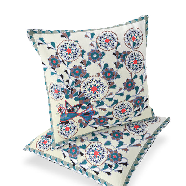 Homeroots Set Of Two 16" X 16" Black And Off White Peacock Blown Seam Floral Indoor Outdoor Throw Pillow  Polyester 535662