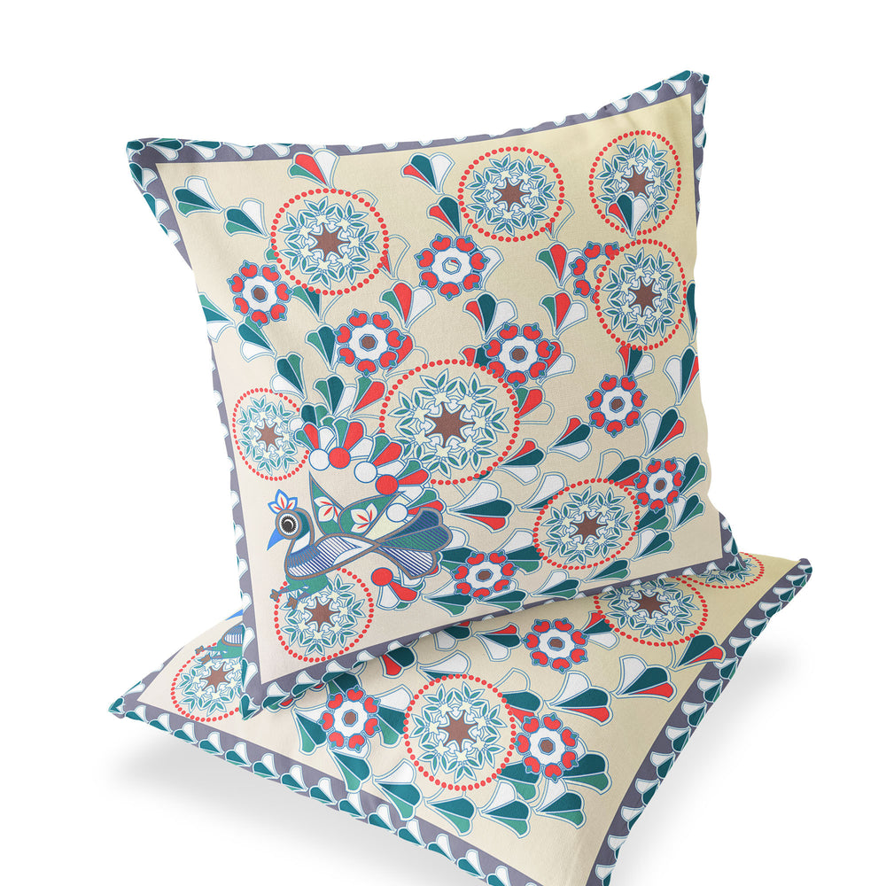 Homeroots Set Of Two 16" X 16" Green And Red Peacock Blown Seam Floral Indoor Outdoor Throw Pillow  Polyester 535664