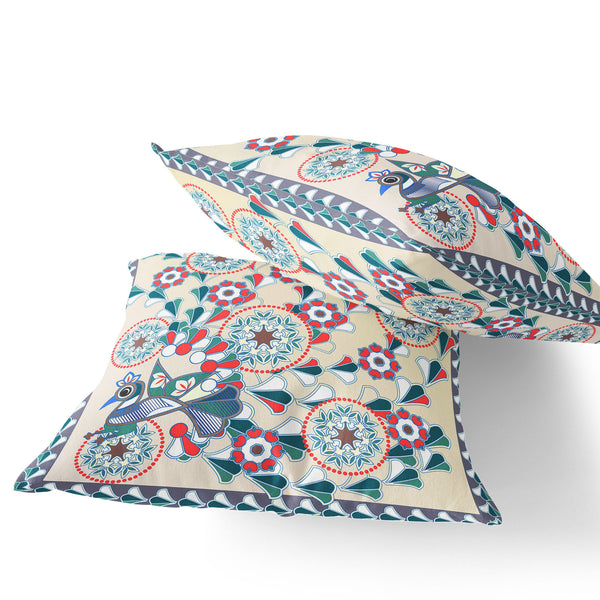 Homeroots Set Of Two 16" X 16" Green And Red Peacock Blown Seam Floral Indoor Outdoor Throw Pillow  Polyester 535664