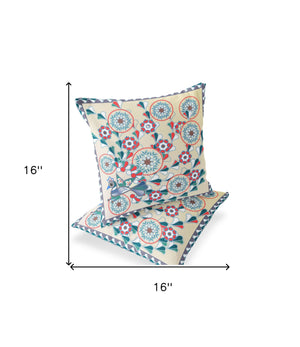 Homeroots Set Of Two 16" X 16" Green And Red Peacock Blown Seam Floral Indoor Outdoor Throw Pillow  Polyester 535664