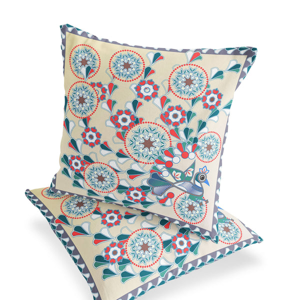 Homeroots Set Of Two 16" X 16" Green And Red Peacock Blown Seam Floral Indoor Outdoor Throw Pillow  Polyester 535664