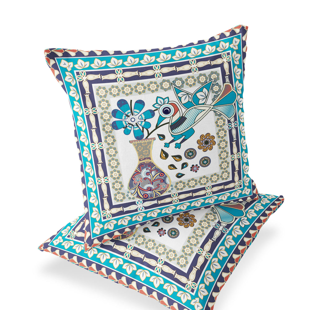 Homeroots Set Of Two 16" X 16" Blue And Purple Peacock Blown Seam Floral Indoor Outdoor Throw Pillow  Polyester 535665