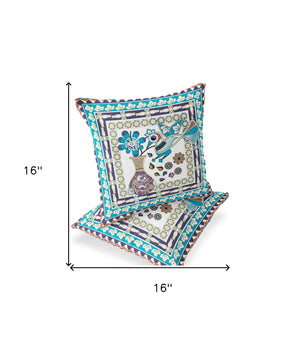 Homeroots Set Of Two 16" X 16" Blue And Purple Peacock Blown Seam Floral Indoor Outdoor Throw Pillow  Polyester 535665