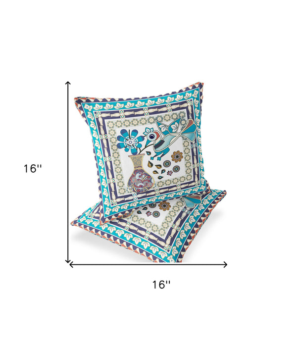 Homeroots Set Of Two 16" X 16" Blue And Purple Peacock Blown Seam Floral Indoor Outdoor Throw Pillow  Polyester 535665