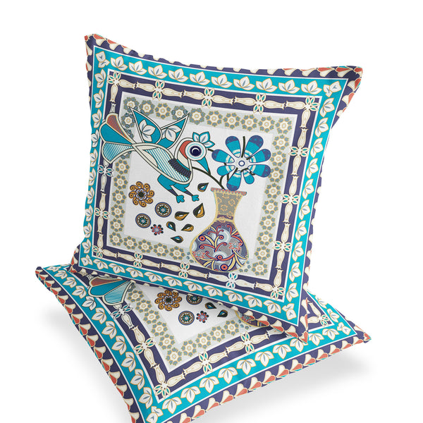 Homeroots Set Of Two 16" X 16" Blue And Purple Peacock Blown Seam Floral Indoor Outdoor Throw Pillow  Polyester 535665