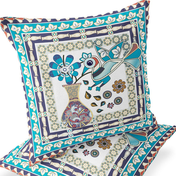 Homeroots Set Of Two 16" X 16" Blue And Purple Peacock Blown Seam Floral Indoor Outdoor Throw Pillow  Polyester 535665