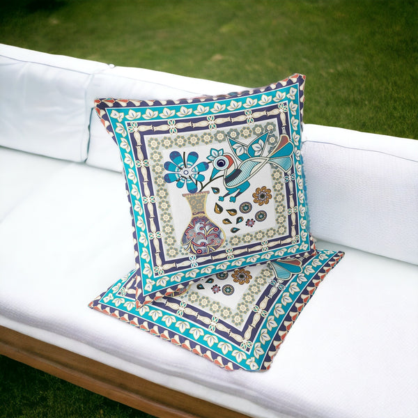 Homeroots Set Of Two 16" X 16" Blue And Purple Peacock Blown Seam Floral Indoor Outdoor Throw Pillow  Polyester 535665