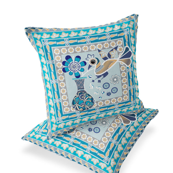Homeroots Set Of Two 16" X 16" Blue And Gold Peacock Blown Seam Floral Indoor Outdoor Throw Pillow  Polyester 535666