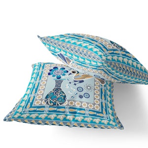 Homeroots Set Of Two 16" X 16" Blue And Gold Peacock Blown Seam Floral Indoor Outdoor Throw Pillow  Polyester 535666