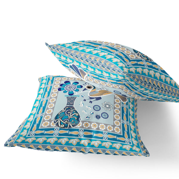 Homeroots Set Of Two 16" X 16" Blue And Gold Peacock Blown Seam Floral Indoor Outdoor Throw Pillow  Polyester 535666