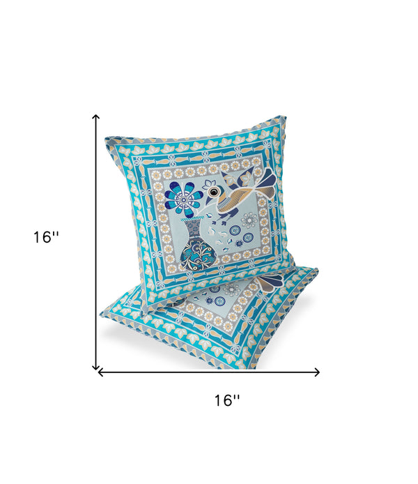 Homeroots Set Of Two 16" X 16" Blue And Gold Peacock Blown Seam Floral Indoor Outdoor Throw Pillow  Polyester 535666