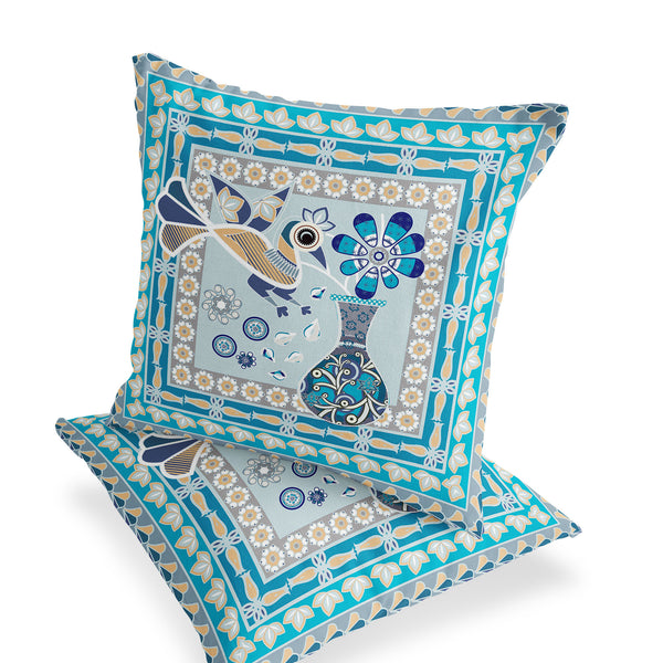 Homeroots Set Of Two 16" X 16" Blue And Gold Peacock Blown Seam Floral Indoor Outdoor Throw Pillow  Polyester 535666