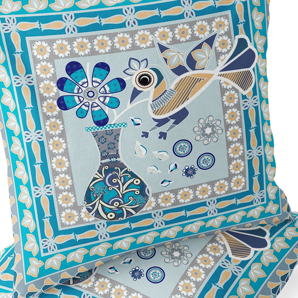 Homeroots Set Of Two 16" X 16" Blue And Gold Peacock Blown Seam Floral Indoor Outdoor Throw Pillow  Polyester 535666