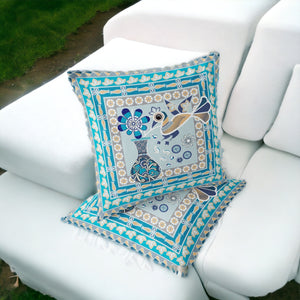 Homeroots Set Of Two 16" X 16" Blue And Gold Peacock Blown Seam Floral Indoor Outdoor Throw Pillow  Polyester 535666