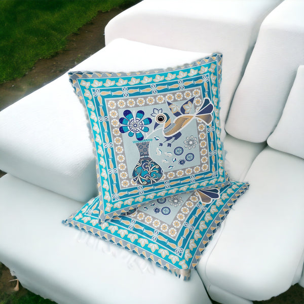 Homeroots Set Of Two 16" X 16" Blue And Gold Peacock Blown Seam Floral Indoor Outdoor Throw Pillow  Polyester 535666