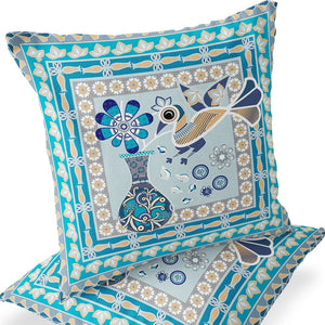 Homeroots Set Of Two 16" X 16" Blue And Gold Peacock Blown Seam Floral Indoor Outdoor Throw Pillow  Polyester 535666