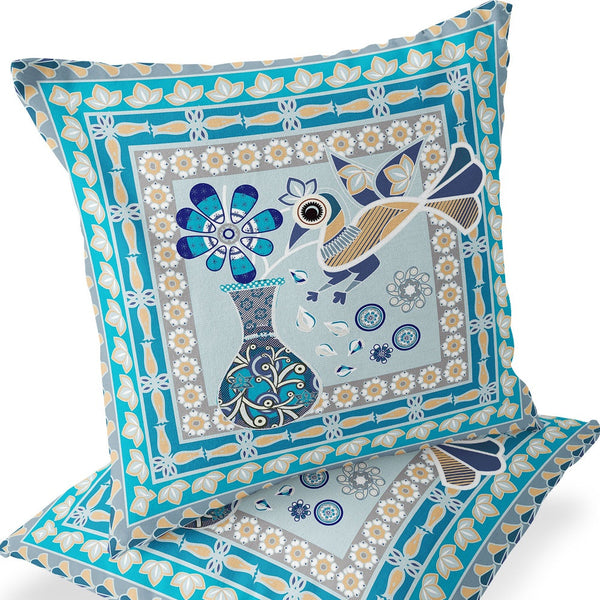 Homeroots Set Of Two 16" X 16" Blue And Gold Peacock Blown Seam Floral Indoor Outdoor Throw Pillow  Polyester 535666