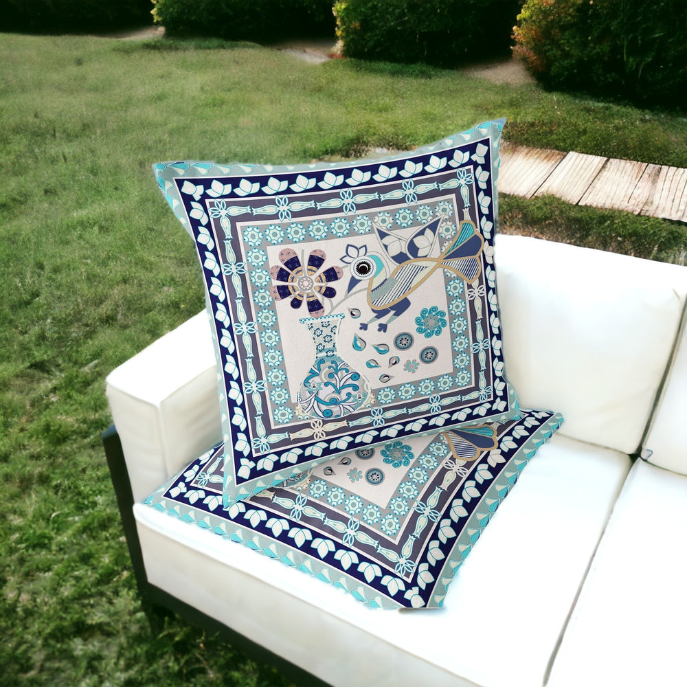 Homeroots Set Of Two 16" X 16" Beige And Black Peacock Blown Seam Floral Indoor Outdoor Throw Pillow  Polyester 535667