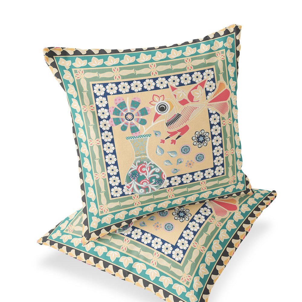 Homeroots Set Of Two 16" X 16" Green And Pink Peacock Blown Seam Floral Indoor Outdoor Throw Pillow  Polyester 535668